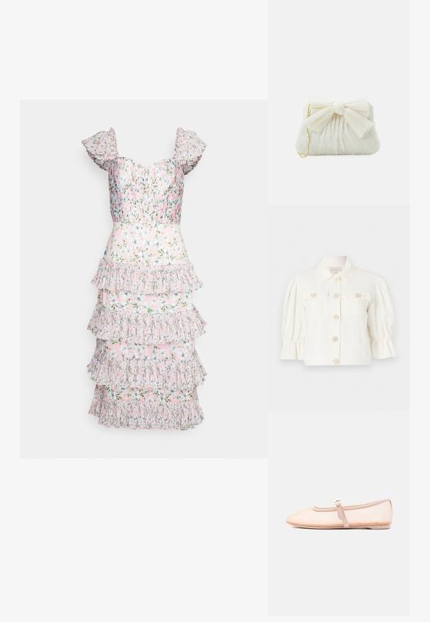 Valge lühikeste käistega jakk, millel on dekoratiivsed lillemustriga nupud ja kaks rinnataskut. Sile kangas koos struktureeritud kraega.; AMUR GRADY COMBO PLEATED - Kokteilikleit/peokleit - rosewater posey; Heledast beež värvi madal king terava varbakujundusega ja ühe külgtihvtiga rihmaga, esitatud lihtsal valgel taustal.; Valge volditud klamberkott, millel on silmapaistev lipsu detail ja kuldne ketstrap. Pehme tekstuur ja kogutud disain ees.