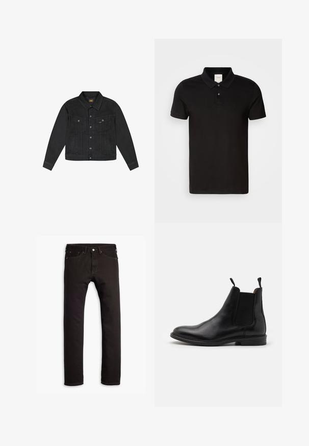 Veste en denim noir avec fermeture à boutons sur le devant, deux poches poitrine à rabat avec boutons, poches latérales et col, marquée d'une petite étiquette jaune Lee.; Polo shirt noir en tissu lisse avec un col classique. Il présente deux boutons au cou, des manches courtes et un logo discret sur la poitrine.; Jean slim noir avec cinq poches et fermeture à bouton, présenté à plat sur un fond blanc.; Botte Chelsea en cuir noir avec panneaux élastiques sur les côtés, bout arrondi, anses et talon bas empilé. Texture lisse et design classique.