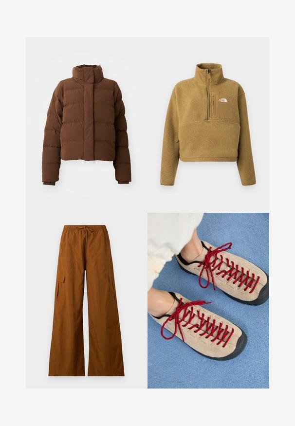 Brun cropped pufferjakke med høj krave, quiltede sektioner, trykknaplukninger og ribbede manchetter for ekstra varme.; Tan fleece pullover med halv lynlås i kraven, frontlomme og elastisk kant; har en blød, struktureret overflade og en hvid logoaccent.; Brune vidde cargobukser med elastisk talje og snøre, med klaplomme på siderne, mod en ensfarvet baggrund.; Beige sko med røde snørebånd, placeret på en blå tekstureret overflade, delvist synliggørende en persons ankel. Skoene har et sporty design.