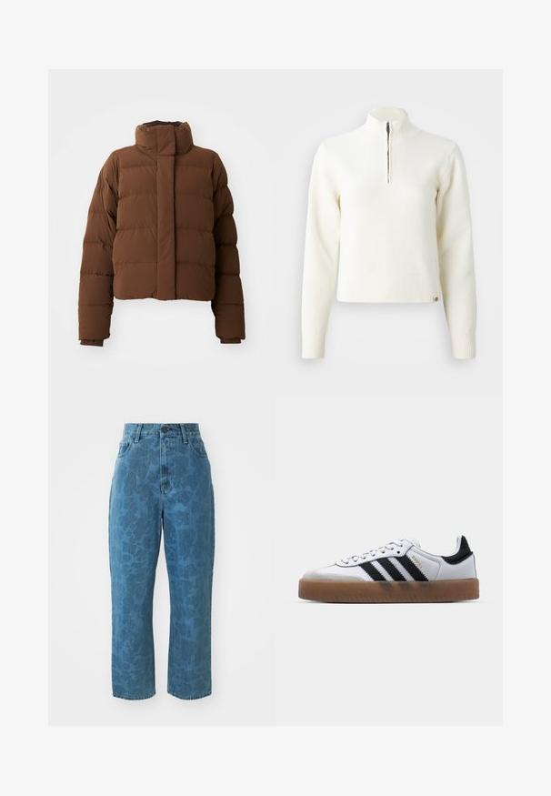Braune, kurz geschnittene Pufferjacke mit hohem Kragen, gesteppten Abschnitten, Druckknopfverschlüssen und gerippten Bündchen für zusätzliche Wärme.; Weißer Sweater mit Reißverschluss am Hals und langen Ärmeln. Aus weichem Strickmaterial gefertigt, mit gerippten Bündchen und Saum. Dezentes Markenlogo am Saum.; Hellblaue Jeans aus Denim mit subtiler gemusterter Textur, hoher Taille und geradem Bein. Mit einem vorderen Knopf- und Reißverschluss.; Weiße Leder Sneakers mit schwarzen Streifen, Gummigummi-Außensohle, runder Zehenform, Schnürverschluss und weichem grauem Wildleder-Zehenkappe.