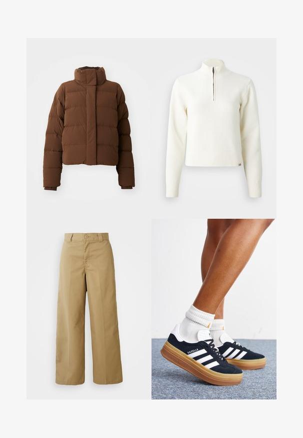 Brun cropped pufferjakke med høj krave, quiltede sektioner, trykknaplukninger og ribbede manchetter for ekstra varme.; Hvid, sweater med lynlås ved halsen og lange ærmer. Lavet af et blødt strikmateriale, med ribbede manchetter og kant. Diskret mærke-logo ved kanten.; Beige bredde bukser lavet af en blanding af bomuldsstof, med knaplukning, bæltestropper og forlommer.; Ben iført hvide sokker og sorte Adidas Gazelle sneakers med hvide striber og tykke brune såler på et gråt tæppe.