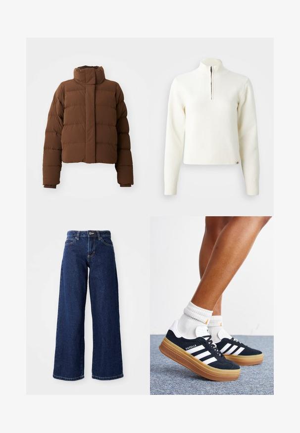 Braune, kurz geschnittene Pufferjacke mit hohem Kragen, gesteppten Abschnitten, Druckknopfverschlüssen und gerippten Bündchen für zusätzliche Wärme.; Weißer Sweater mit Reißverschluss am Hals und langen Ärmeln. Aus weichem Strickmaterial gefertigt, mit gerippten Bündchen und Saum. Dezentes Markenlogo am Saum.; Dunkelblaue weit geschnittene Jeans aus Denim, mit einem Knopf- und Reißverschluss, Gürtelschlaufen und klassischem Fünf-Taschen-Design.; Beine mit weißen Socken und schwarzen Adidas Gazelle Sneakers mit weißen Streifen und dicken braunen Sohlen auf einem grauen Teppichboden.
