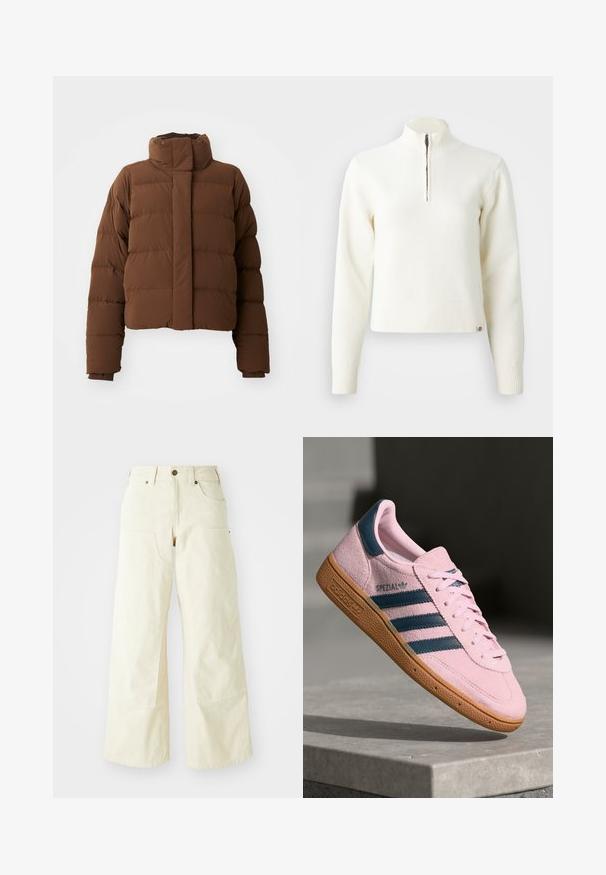 Brun cropped pufferjakke med høj krave, quiltede sektioner, trykknaplukninger og ribbede manchetter for ekstra varme.; Hvid, sweater med lynlås ved halsen og lange ærmer. Lavet af et blødt strikmateriale, med ribbede manchetter og kant. Diskret mærke-logo ved kanten.; Beige brede bukser i bomuld med høj talje, store forlommer og en glat overflade med minimal syning.; Lyserød ruskindssneaker med marineblå tre striber, gummisål og lyserøde snørebånd. Har "SPEZIAL"-branding på siden.