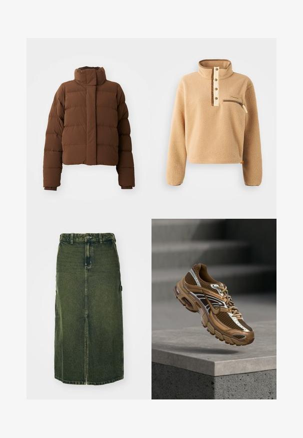 Pruun lühike pufferjakker kõrge krae, tikitud osadega, nööbiga kinni pandav ja ribadega mansetid lisaks soojuse tagamiseks.; Beige fliisi särk kõrge kraega, pool-nööbid ja vasakpoolne rinnakott lukuga. Tekstuuriga kangas pruunide aktsentidega.; Roheline teksaseelik keskmise pikkusega, esiseeliku ja nööbisahtliga, samuti vöökohaga. Selle tekstuur on veidi kulunud, külgedel on taskud.; Pruun ja beež Nike toss võrgumaterjali ja peegeldavate detailidega, hõljumas betoonserva kohal udus halli tausta taustal.