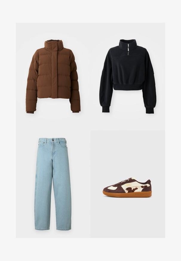 Brun cropped pufferjakke med høj krave, quiltede sektioner, trykknaplukninger og ribbede manchetter for ekstra varme.; Sort cropped sweatshirt med høj krave, halvlukning og lange, let puffede ærmer. Lavet af blødt, tekstureret stof.; Lyseblå denimjeans med afslappet pasform, lige ben, design med fem lommer og lukning med metal knap ved taljebåndet.; Brun og cremefarvet Puma Palermo-sneaker med gummisål og dyreprintdetalje på siden, vist i profil på neutral baggrund.