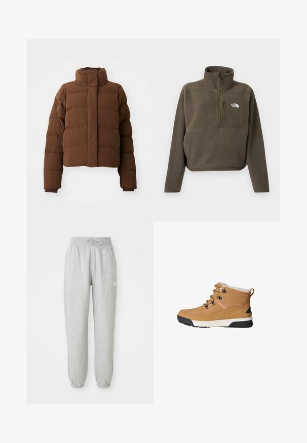 Pruun lühike pufferjakker kõrge krae, tikitud osadega, nööbiga kinni pandav ja ribadega mansetid lisaks soojuse tagamiseks.; Oliviroheline fliisist pullover kõrge krae, neljandik lukuga ja esiosa taskuga, millel on lukk. Valge logo rinnal. Lühendatud pikkus.; Hallid hallid dressipüksid elastse vöökoha ja nööriga. Kangas on pehme, millel on elastsed mansetid pahkluude juures ja logo aktsent.; Kollane pahklu saapad tekstuurse naha pealisosaga, fliisvooder, ümmargused nöörid ja kummist välistald, millel on must ja valge disain.
