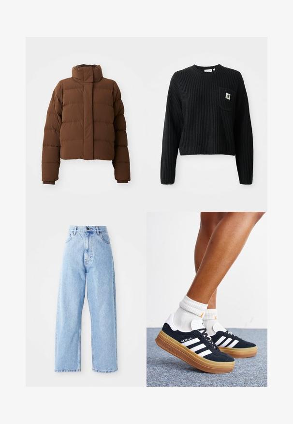 Braune, kurz geschnittene Pufferjacke mit hohem Kragen, gesteppten Abschnitten, Druckknopfverschlüssen und gerippten Bündchen für zusätzliche Wärme.; Schwarzer gerippter Strickpullover mit rundem Ausschnitt, langen Ärmeln und einer Fronttasche mit einem kleinen Logopatch. Verkürzte Länge.; Hoch-taillierte hellblaue Jeans mit geraden, weiten Beinen, vorderem Knopf, Reißverschluss und Front- sowie Gesäßtaschen.; Beine mit weißen Socken und schwarzen Adidas Gazelle Sneakers mit weißen Streifen und dicken braunen Sohlen auf einem grauen Teppichboden.