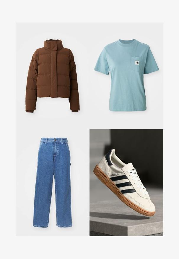 Brun cropped pufferjakke med høj krave, quiltede sektioner, trykknaplukninger og ribbede manchetter for ekstra varme.; Lyseblå kortærmet bomulds T-shirt med brystlomme og et lille sort-hvidt Carhartt logo patch.; Blå denim wide-leg bukser med høj talje, knaplukning og sidelommer. Bleget vask med en blød tekstur og lige snit.; Hvide ruskinds sneakers med marineblå striber, gummisål, struktureret overdel, rund tå og snøring; har branding på siden og tungen.