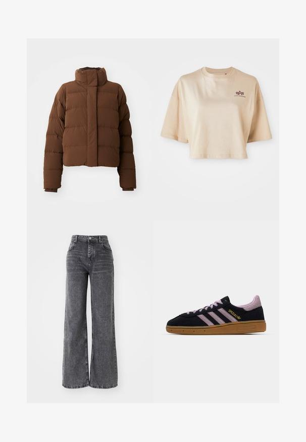 Braune, kurz geschnittene Pufferjacke mit hohem Kragen, gesteppten Abschnitten, Druckknopfverschlüssen und gerippten Bündchen für zusätzliche Wärme.; Beige, verkürztes T-Shirt aus Baumwolle mit kurzen Ärmeln, rundem Halsausschnitt und einem bordeauxroten Logo-Graphic auf der linken Brust.; Weit geschnittene graue Denim-Hosen mit hoher Taille, die über die klassische Fünf-Taschen-Optik verfügen und ein dezentes, ausgewaschenes Finish aufweisen.; Schwarze und rosa Wildleder-Sneaker mit Gummisohle, drei rosa Streifen, goldenem "SPEZIAL"-Branding und strukturiertem Gummiuntergrund. Niedrigschnitt-Design.