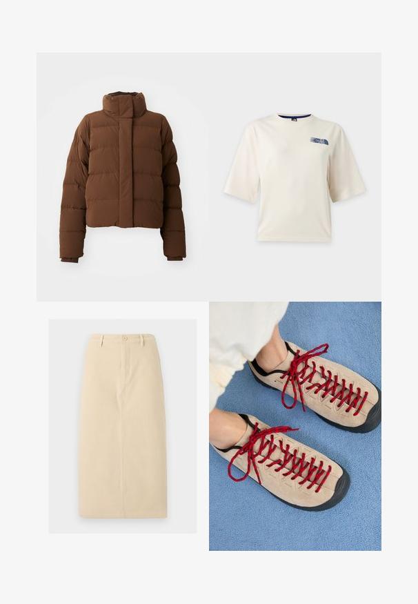 Brun cropped pufferjakke med høj krave, quiltede sektioner, trykknaplukninger og ribbede manchetter for ekstra varme.; Hvid T-shirt med korte ærmer med en lille blå The North Face-logo på øverste venstre bryst.; Beige knælang nederdel lavet af et robust stof, med en frontknaplukning og subtil vertikal sømdetaljering.; Beige sko med røde snørebånd, placeret på en blå tekstureret overflade, delvist synliggørende en persons ankel. Skoene har et sporty design.