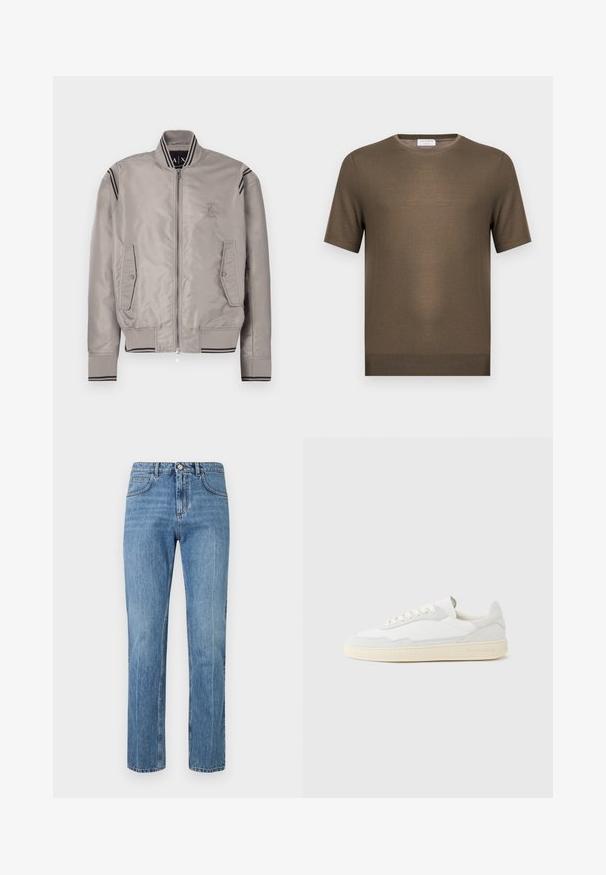 Veste bomber gris clair avec fermeture éclair, poignets côtelés, deux poches avant, et accents rayés noirs sur les épaules. Matière lisse et brillante.; Pull en maille vert olive à manches courtes avec encolure ronde et ourlet côtelé, présenté sur fond blanc uni.; Jean bleu à taille haute, coupe droite, avec bouton frontale, fermeture éclair, passants de ceinture et design à cinq poches sur fond blanc.; Baskets blanches avec dessus en daim et cuir texturé. Caractérisées par un bout arrondi, une fermeture à lacets et une semelle en caoutchouc beige contrastante.
