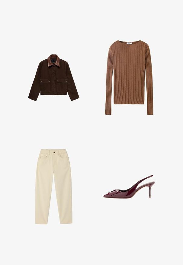 Veste en denim marron avec un col en cuir marron, des poches avant et des fermetures à boutons-pression. Design court et ajusté avec un minimum de détails.; Pull marron à manches longues et à col rond, avec un tissu texturé mettant en avant des lignes verticales. Design simple et ajusté.; Pantalon beige taille haute, jambe droite, avec bouton frontal, fermeture éclair, passants pour ceinture et cinq poches.; Escarpin à talon haut en cuir verni bordeaux avec bride arrière, bout pointu et détail décoratif de boucle à l'avant.