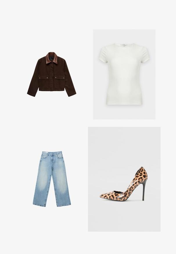 Veste en denim marron avec un col en cuir marron, des poches avant et des fermetures à boutons-pression. Design court et ajusté avec un minimum de détails.; T-shirt ajusté blanc uni à manches courtes avec encolure ronde, présenté sur un fond neutre.; Jean en denim bleu clair à jambes larges avec poches avant et arrière, passants de ceinture, et fermeture par bouton.; Chaussure à talon haut en imprimé léopard avec un bout pointu, une finition brillante et un talon aiguille. Présente une texture lisse et un design à dos ouvert.