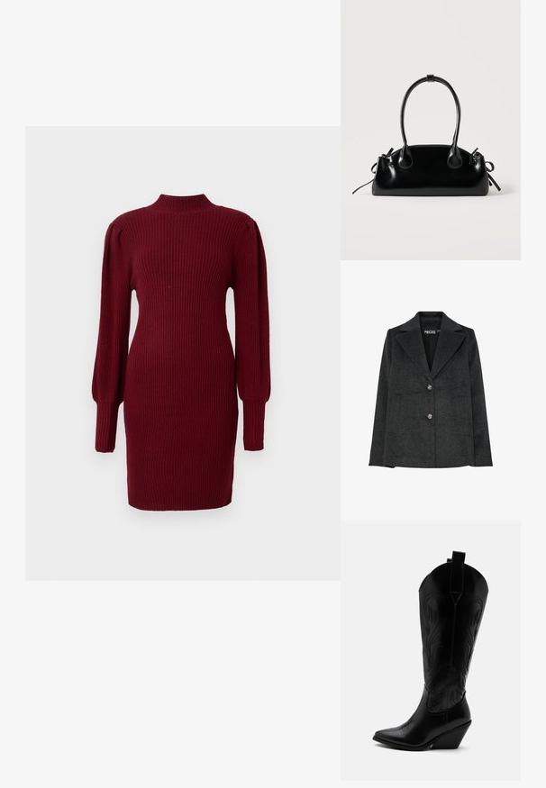 Donkergrijze blazer van een wolmix met een notch-kraag, twee voorzakken en drie decoratieve zilveren knopen aan de voorkant.; Bordeaux geribbelde gebreide jurk met hoge hals en lange pofmouwen, met een aansluitende bodycon-silhouet en een gladde textuur.; Zwarte leren cowboylaars met puntige neus, schuine blokhak, decoratieve stiksels en aantreklusjes bovenaan tegen een witte achtergrond.; Kleine zwarte glanzende handtas met twee lange hengsels en zijkant trekkoord details op een effen lichte achtergrond.