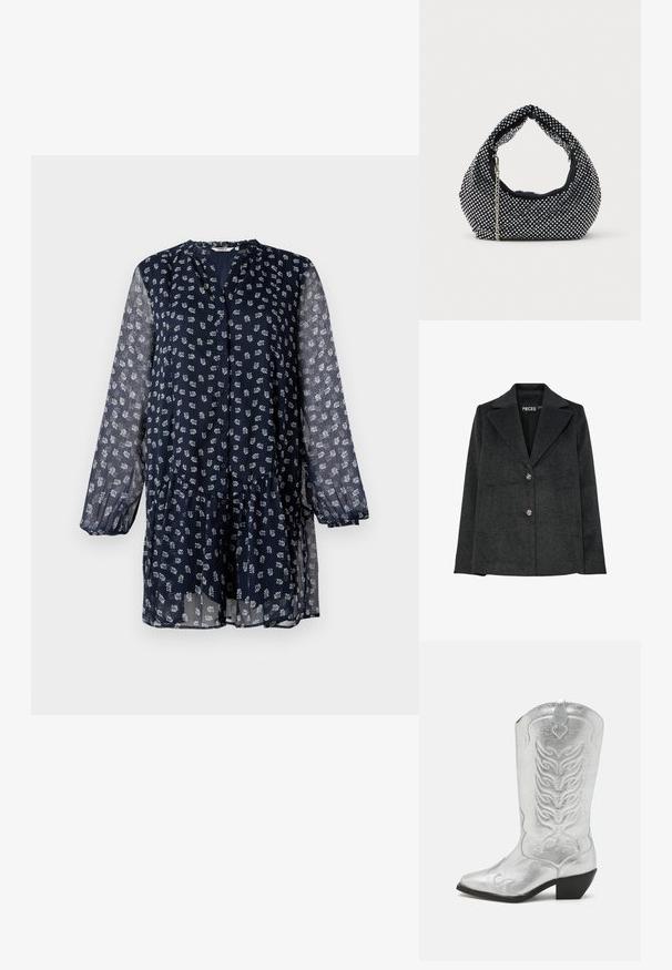 Dunkelgrauer Blazer aus Wollmischung mit Reverskragen, zwei vorderen Taschen und drei dekorativen silbernen Knöpfen auf der Vorderseite.; ONLY ONLEMILIE LIFE SHORT DRESS - Blusenkleid - night sky; Silberner Cowboy-Stiefel mit spitzer Zehe, dekorativer Stickerei und einem leicht erhöhten schwarzen Absatz. Aus glänzendem Leder gefertigt.; Schwarze Netz-Handtasche verziert mit silbernen Nieten, mit einem gebogenen Griff und einem Kettenriemen. Weiche Textur mit runder Form.
