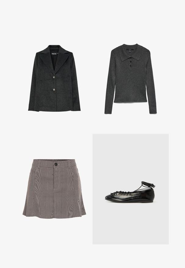 Donkergrijze blazer van een wolmix met een notch-kraag, twee voorzakken en drie decoratieve zilveren knopen aan de voorkant.; Donkergrijs geribd poloshirt met lange mouwen en kraag, voorzien van drie zwarte knopen bij de halslijn en een iets cropped zoom.; Geruite rok in zwart en wit, gemaakt van lichte stof, met een tailleband met een knoop en een geplooid ontwerp voor extra detail.; Zwarte ballerina's van lakleer met een afgeronde neus, veterdesign en een platte zool. Glad oppervlak met minimale details.