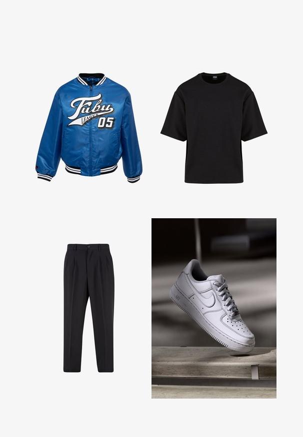 Blaues Satin-Bomberjackett mit schwarz-weißen Rippbündchen, versehen mit einem auffälligen weißen und schwarzen Logo "Fubu League 05" auf der Vorderseite.; Urban Classics SCUBA TEE - T-Shirt basic - black; Schwarze, maßgeschneiderte Hose mit vorderen Bundfalten, Gürtelschlaufen und Knopfverschluss an der Taille.; Weißer Nike Air Force 1 Sneaker aus Leder mit perforierter Zehenpartie, flachen Schnürsenkeln und strukturierter Gummisohle mit "AIR"-Branding an der Seite.