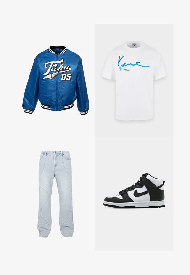 Blå satin bomberjakke med sort og hvid ribkant, der har et fremtrædende hvidt og sort logo "Fubu League 05" på fronten.; Hvid kortærmet t-shirt med blåt abstrakt penselstrøgsmønster over brystet og rund halsudskæring.; Lyseblå denim jeans med buede syninger, knaplukning og afslappet pasform. Stof har en glat overflade med en let falmning.; Sort og hvid høj-top sneakers med læderoverdel, perforeret tåboks, fremtrædende swoosh-logo og struktureret gummisål.