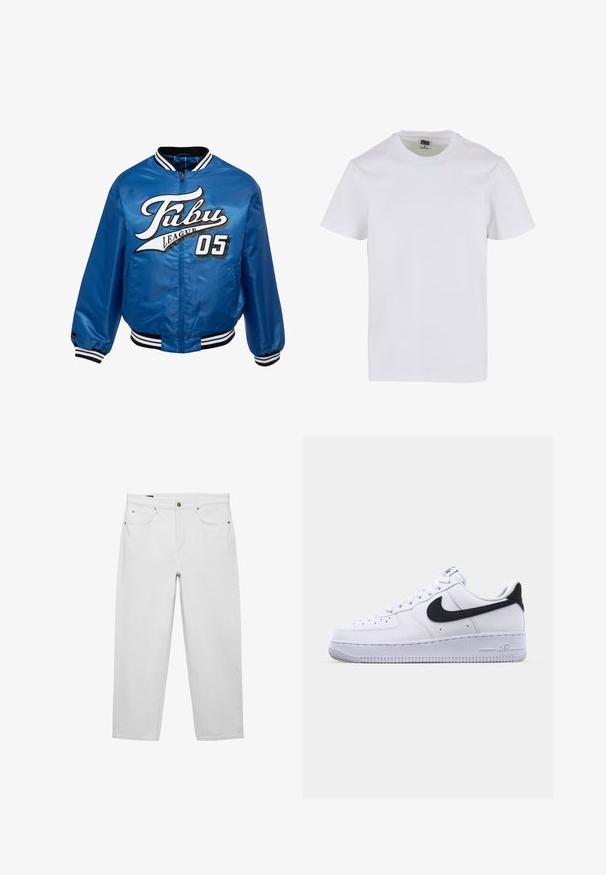 Blå satin bomberjakke med sort og hvid ribkant, der har et fremtrædende hvidt og sort logo "Fubu League 05" på fronten.; Hvid bomulds t-shirt med rund halsudskæring, korte ærmer og en afslappet pasform. Glat tekstur uden synlige mønstre eller detaljer.; Hvide jeans med høj talje og lige ben, forlommer, bæltestropper og lukning med en messingknap.; Hvide lædersneakers med en struktureret sort Swoosh, flade snørebånd og en gummisål med et rillemønster. "AIR" er præget på hælen.