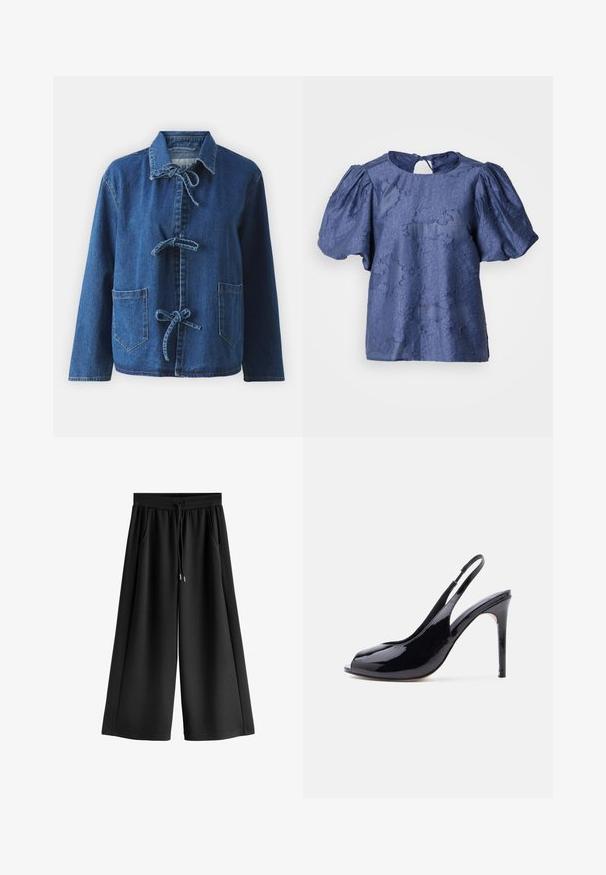 Denimjack in donkerblauw met een ontspannen pasvorm, voorzien van een spreidkraag, striksluitingen en twee voorste opgestikte zakken.; Marineblauwe blouse met een textuur van bloemenmotief, pofmouwen, ronde hals en een sleutelgatdetail aan de achterkant. Gemaakt van een gladde stof.; Zwarte wijde broek met elastische tailleband en trekkoord, voorzien van zijzakken en een ontspannen pasvorm.; Zwarte slingback hoge hakken van lakleer met open teen en stilettohak op een effen witte achtergrond.