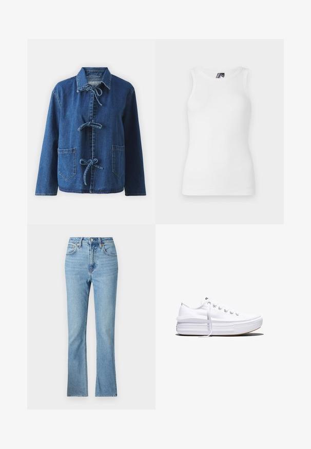 Chaqueta de denim en azul oscuro con un corte relajado, que presenta un cuello extendido, cierres de lazo y dos bolsillos frontales tipo parche.; Top de tirantes blanco con canalé, que presenta un escote redondo y un diseño sin mangas, hecho de una suave mezcla de algodón con una silueta ajustada.; Jeans de mezclilla azul claro con una cintura alta, diseño de pierna acampanada y estilo clásico de cinco bolsillos. Presenta lazos para cinturón y costuras visibles.; Zapatilla blanca de lona de perfil bajo con suela gruesa de plataforma, cierre de cordones en el frente y puntera de goma texturizada, mostrada de perfil.