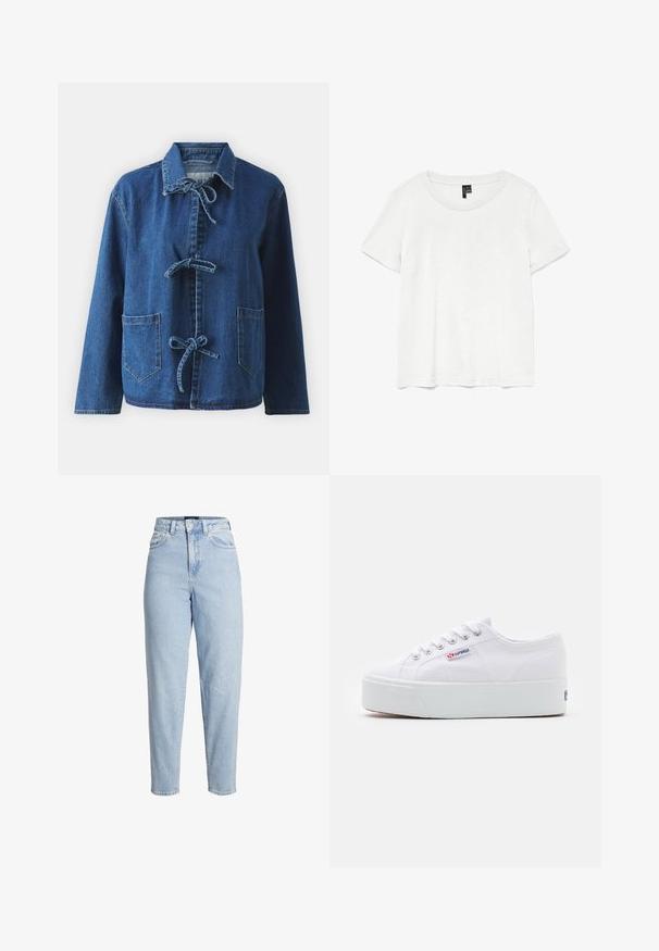 Denimjack in donkerblauw met een ontspannen pasvorm, voorzien van een spreidkraag, striksluitingen en twee voorste opgestikte zakken.; Witte t-shirt met korte mouwen en een ronde hals, gemaakt van lichte stof. Eenvoudig ontwerp, gladde textuur en rechte zoom.; Lichtblauwe spijkerbroek met hoge taille, voorzijde met knoop- en ritssluiting, riemlussen en taps toelopende pijpen.; Witte canvas sneaker met een dikke witte platformzool, ronde neus en metalen oogjes voor veters. Merkl logo aan de zijkant weergegeven.