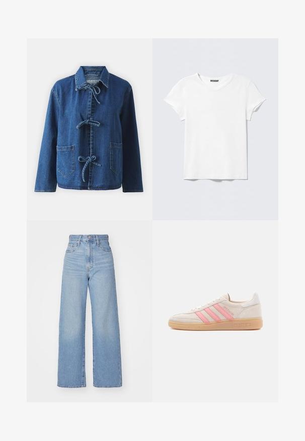 Dunjakke i mørkeblå med en afslappet pasform, der har en spredt krave, båndlukninger og to frontlomme.; Enkelt hvid T-shirt med korte ærmer og V-hals, med et lille "WEEKDAY" mærke indeni kraven, vist mod en lysegrå baggrund.; Lyseblå højtaljede bukser med bred benåbning, med frontknap og lynlås, samt for- og baglommer, på en hvid baggrund.; Beige ruskindsneaker med lyserøde tre striber på siden. Har en tekstureret gummisål og en hvid hælaccents. Minimalistisk design.