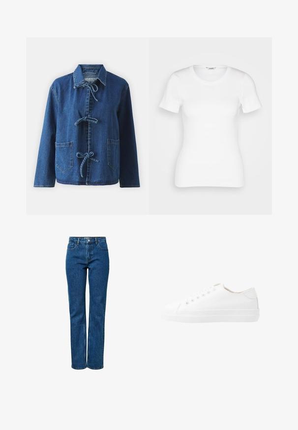 Denimjack in donkerblauw met een ontspannen pasvorm, voorzien van een spreidkraag, striksluitingen en twee voorste opgestikte zakken.; Witte katoenen T-shirt met korte mouwen, ronde halslijn en ribbelstructuur. Strakke pasvorm met een gladde, schone afwerking.; Blauwe jeans met rechte pijpen, vijf zakken, een knoop- en ritssluiting en riemlussen. De jeans staan rechtop op een effen witte achtergrond.; Witte canvas sneakers met een laag ontwerp, ronde neus, zes veteropeningen en een gestructureerde rubberen zool. Gladde materialen met minimale accenten.