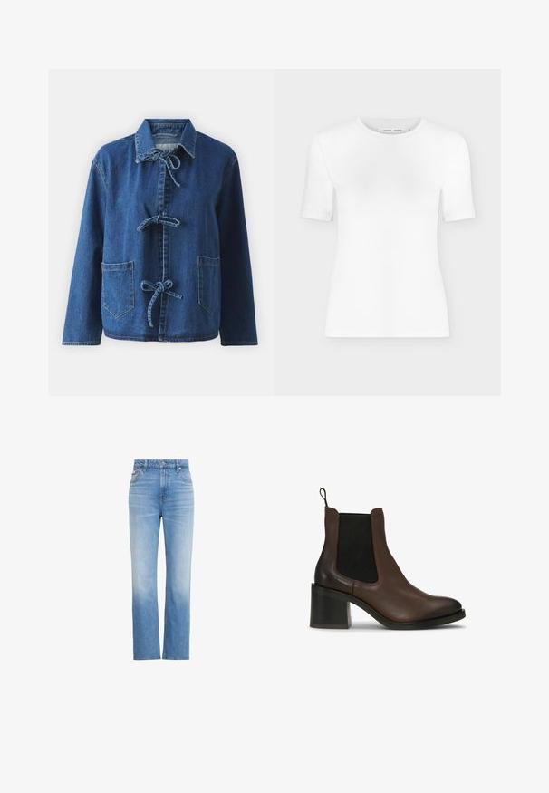 Dunjakke i mørkeblå med en afslappet pasform, der har en spredt krave, båndlukninger og to frontlomme.; Hvid T-shirt med rund hals, korte ærmer, slank pasform og ribbet stofstruktur, vist på en ensfarvet lys grå baggrund.; Lyseblå denim jeans med høj talje, lige ben, forlommer, bæltestropper, knap og lynlås.; Brune læderankelstøvler med elastiske sidepaneler, en blokhæl, glat tekstur og en trække-flap for nem påtagning.