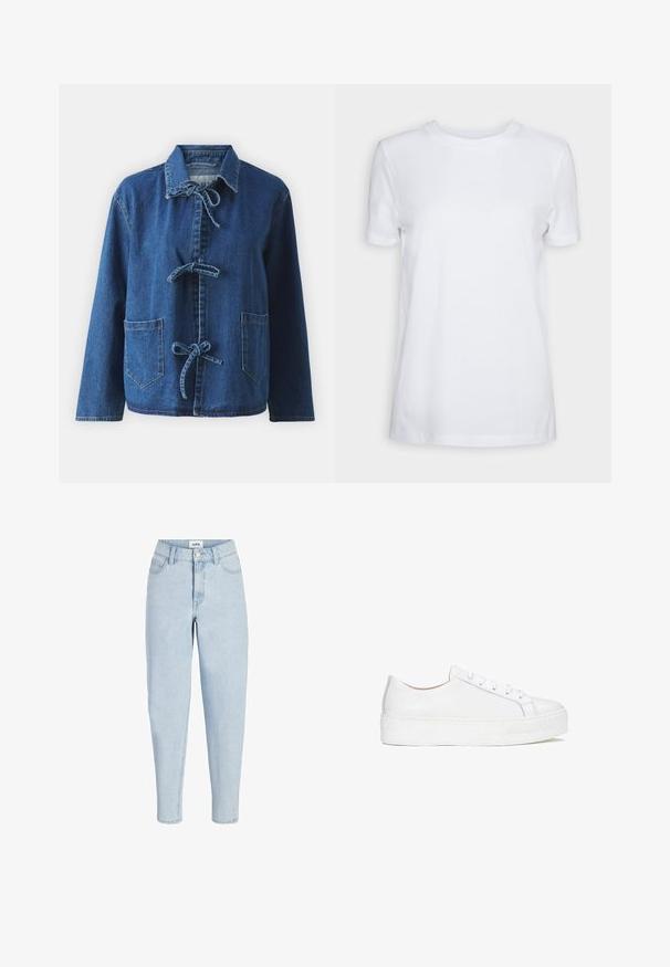 Denimjack in donkerblauw met een ontspannen pasvorm, voorzien van een spreidkraag, striksluitingen en twee voorste opgestikte zakken.; Effen wit T-shirt met korte mouwen en ronde hals, normale pasvorm en een klein label aan de binnenkant van de hals met de tekst "SELECTED FEMME."; Lichtblauwe jeans met hoge taille, voorste knoop en ritssluiting, vijfzakkenmodel en taps toelopende pijpen.; Witte leren sneaker met een glad oppervlak, ronde neus en platte zool. Voorzien van vetersluiting en subtiele stiksels.