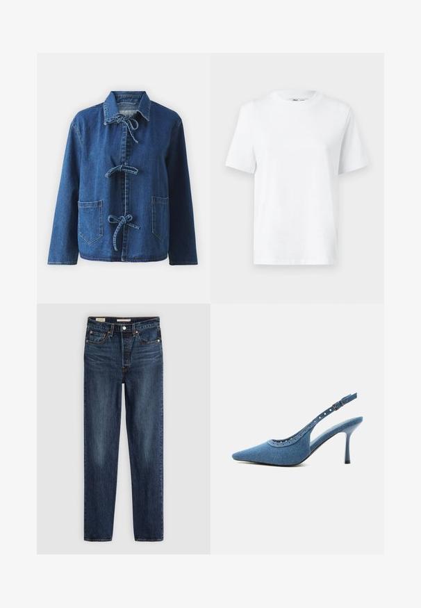 Chaqueta de denim en azul oscuro con un corte relajado, que presenta un cuello extendido, cierres de lazo y dos bolsillos frontales tipo parche.; Camiseta de algodón blanca de cuello redondo con mangas cortas y una textura suave. Diseñada con un ajuste relajado para mayor comodidad y versatilidad.; Vaqueros rectos de color azul oscuro con cinco bolsillos, cierre de botón y cremallera, y costuras en contraste.; Zapato de tacón alto con puntera puntiaguda, trasera tipo slingback en denim azul con detalles de ojales plateados y correa ajustable con hebilla.
