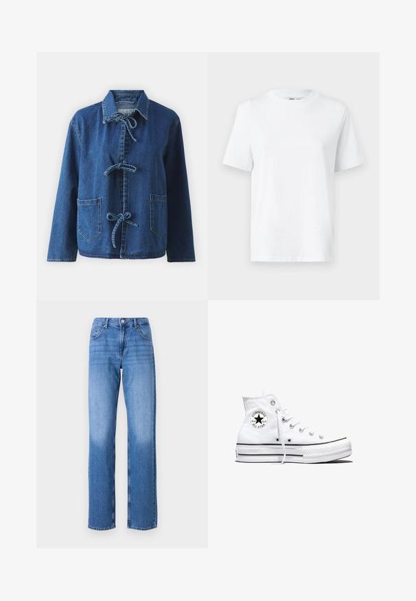 Chaqueta de denim en azul oscuro con un corte relajado, que presenta un cuello extendido, cierres de lazo y dos bolsillos frontales tipo parche.; Camiseta de algodón blanca de cuello redondo con mangas cortas y una textura suave. Diseñada con un ajuste relajado para mayor comodidad y versatilidad.; Vaqueros de mezclilla azul claro con una cintura alta, diseño de pierna recta y áreas desteñidas. Cuenta con bolsillos frontales estándar y cierre de botón.; Zapatilla blanca de caña alta Converse Chuck Taylor All Star con parche de logo negro y cordones blancos, presentada sobre fondo blanco.