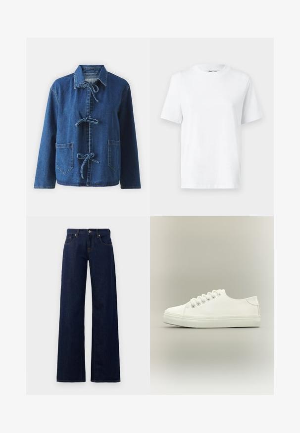 Chaqueta de denim en azul oscuro con un corte relajado, que presenta un cuello extendido, cierres de lazo y dos bolsillos frontales tipo parche.; Camiseta de algodón blanca de cuello redondo con mangas cortas y una textura suave. Diseñada con un ajuste relajado para mayor comodidad y versatilidad.; Jeans de pierna ancha en denim azul oscuro, con diseño estándar de cinco bolsillos, costuras de cobre y cierre de botón en la cintura.; Zapatilla blanca baja con cordones blancos y suela de goma mostrada desde vista lateral sobre un fondo neutro.