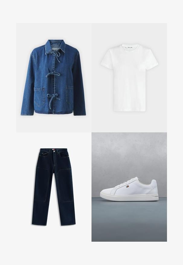 Dunjakke i mørkeblå med en afslappet pasform, der har en spredt krave, båndlukninger og to frontlomme.; En simpel hvid T-shirt med korte ærmer og rund hals lagt fladt på en lys grå baggrund, hvor forsiden med label inde i halsen vises.; Mørkeblå jeans med lige ben, forstærkede knælapper, forreste knap og lynlås samt flere lommer inklusive en lille møntlomme.; Hvide sneakers lavet af glat syntetisk materiale, med en rund tå, flad sål og minimalistisk design med en lille logoaccent.