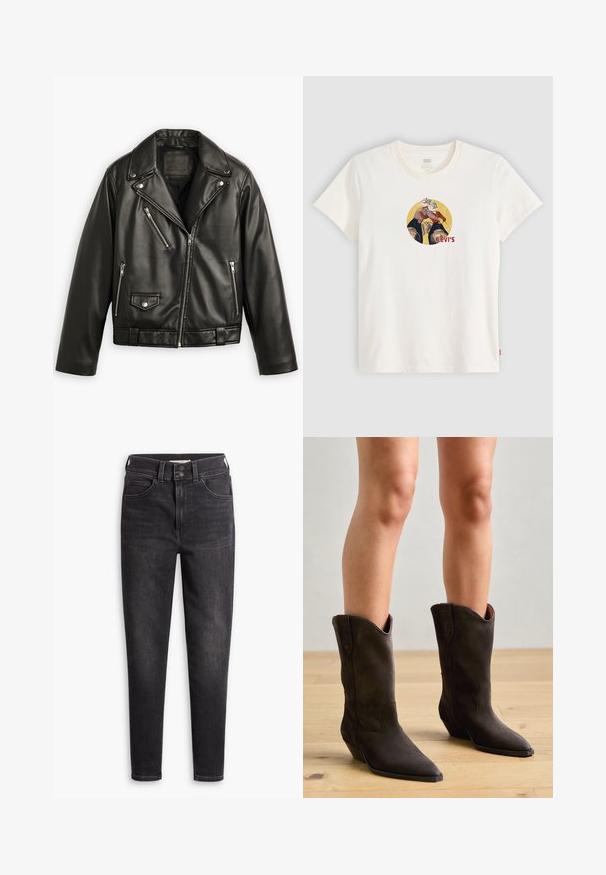 Sort læder motorcykeljakke med en cropped design, brede klapper, flere lynlåslommer og en subtil glans. Har et bælte i taljen.; Hvid bomulds T-shirt med et cirkulært grafisk motiv, der viser to figurer i farverigt tøj, med "LEVI'S" trykt i rødt. Korte ærmer, rund halsudskæring.; Højtaljede sorte jeans lavet af denim, med slim fit, fem-lomme design og dobbeltknapslukning. Diskret falming og ingen pynt.; Pavement NIKKI - Cowboy- / bikerstøvler - brown