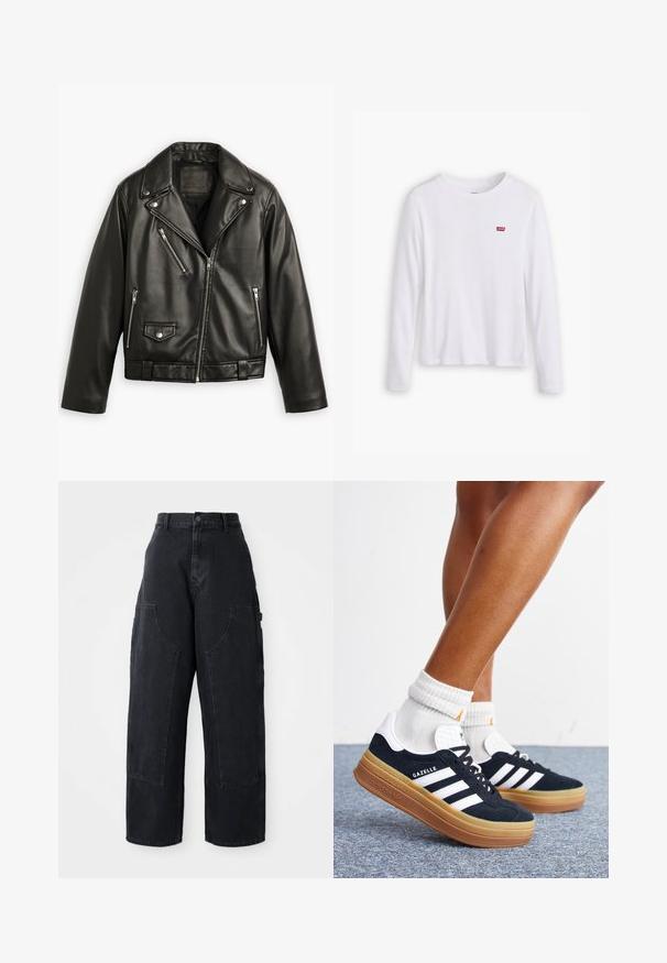 Zwarte leren motorjack met een cropped ontwerp, brede revers, meerdere ritszakken en een subtiele glans. Voorzien van een riem op de taille.; Witte lange mouwen shirt van zachte katoen. Bevat een klein rood Levi's logo op de linkerborst. Klassiek ronde hals ontwerp.; Zwarte denim cargo broek met wijde been, hoge taille, twee grote voorkanten zakken en een knoopsluiting bij de taille. Soepele textuur, casual ontwerp.; Ben met witte sokken en zwarte Adidas Gazelle sneakers met witte strepen en dikke bruine zolen op een grijs tapijt.