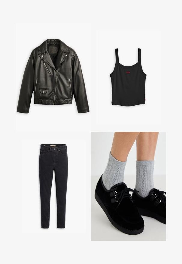 Schwarze Leder-Motorradjacke mit cropped Design, breiten Revers, mehreren Reißverschlusstaschen und einem subtilen Glanz. Mit einem Gürtel in der Taille.; Schwarzes geripptes Tanktop mit dünnen Trägern, das ein kleines rotes Levi's-Logo an der Vorderseite und einen geraden Saum aufweist.; Schwarze Denim-Jeans mit hoher Taille, schmaler Passform und minimalen Nähdetails. Der Stoff zeigt eine leichte Textur mit einer glatten Oberfläche.; Schwarze Samt-Schuhe mit flachen Sohlen, runder Zehenform und doppelten Ösen. Getragen mit grauen, grob gestrickten Socken. Glatte Textur und schlichtes Design.