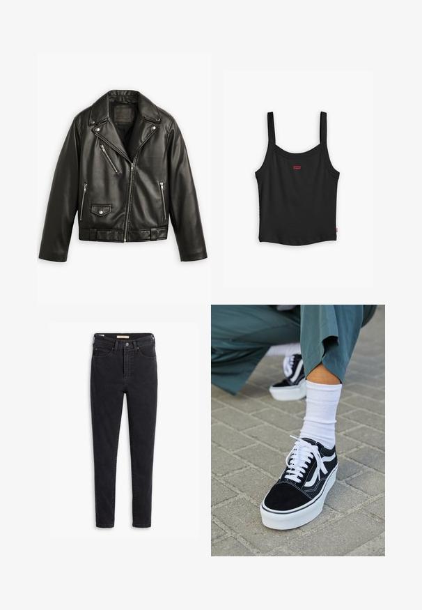 Zwarte leren motorjack met een cropped ontwerp, brede revers, meerdere ritszakken en een subtiele glans. Voorzien van een riem op de taille.; Zwarte geribbelde tanktop met dunne bandjes, voorzien van een klein rood Levi's-logo aan de voorkant en een rechte zoom.; Zwarte spijkerbroeken van denim met een hoge taille, slim fit en minimale stikseldetails. De stof heeft een lichte textuur met een gladde afwerking.; Zwarte suède sneaker met witte accenten en veters, uitgerust met een dikke witte zool en contrasterende stiksels, gecombineerd met een witte sok.