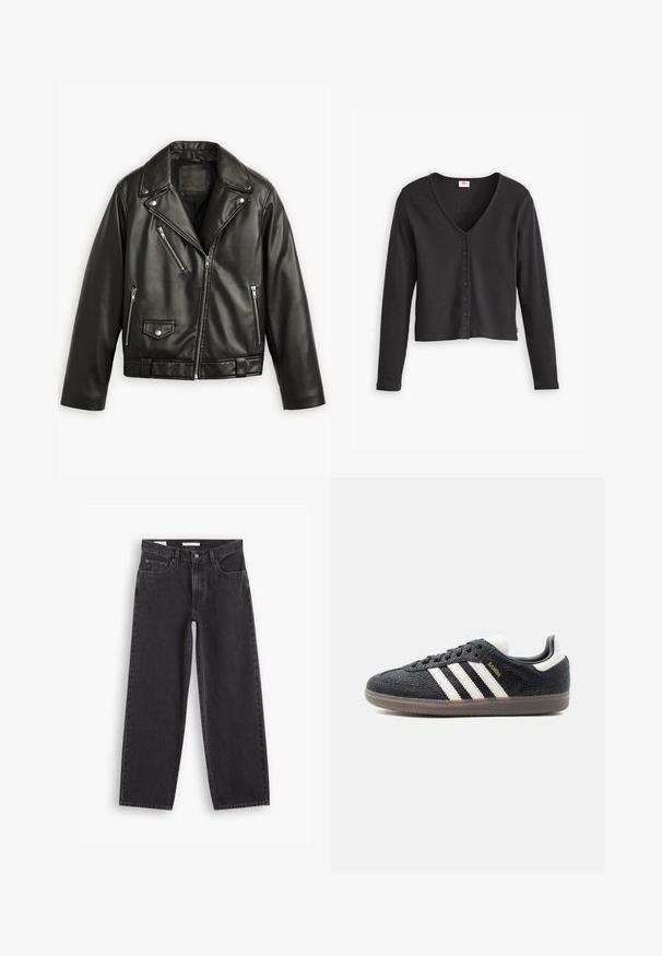 Schwarze Leder-Motorradjacke mit cropped Design, breiten Revers, mehreren Reißverschlusstaschen und einem subtilen Glanz. Mit einem Gürtel in der Taille.; Schwarze Rippstrickjacke mit langen Ärmeln, V-Ausschnitt und sechs-Knopf-Verschluss vorne. Hergestellt aus weichem, strukturiertem Stoff.; Schwarze Jeans mit weitem Bein aus Denim, mit hoher Taille, Fünf-Taschen-Design und doppelt genähten Nähten. Sauberer Schnitt ohne Verzierungen.; Schwarzer Adidas Samba Sneaker mit weißen Streifen, Gummisohle und goldfarbenem "Samba"-Schriftzug an der Seite, von links im Profil vor einfachem Hintergrund gezeigt.