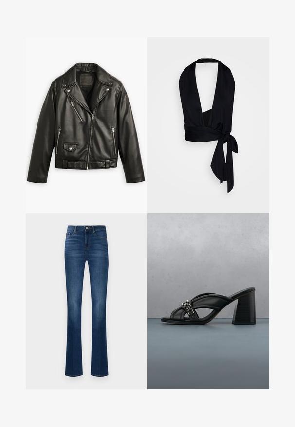 Zwarte leren motorjack met een cropped ontwerp, brede revers, meerdere ritszakken en een subtiele glans. Voorzien van een riem op de taille.; Ioannes WRAP VEST - Top - black; Donkerblauwe denim jeans met een uitlopende pijpdesign, voorzien van een mid-rise taille, voorzakken en een knoopsluiting. Gladde textuur.; Zwarte hoge hakken mule met gevoerde banden en zilveren kettinkdetail, buiten getoond op terracotta tegels met een wazige achtergrond van groen en een muur.