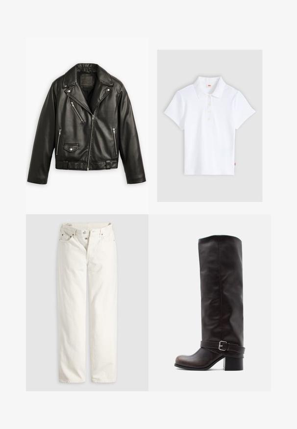 Sort læder motorcykeljakke med en cropped design, brede klapper, flere lynlåslommer og en subtil glans. Har et bælte i taljen.; Hvid kortærmet ribbet poloshirt med krave og fire knapper, lagt fladt ud på en lysegrå baggrund.; Hvide jeans med høj talje, lige ben, knaplukning, lommer foran og bagpå samt synlige kobbernitter i lommekanterne.; Mørkebrun læderstøvle til knæet med rund tå, lav blokhæle og dekorativ rem med sølvspænde ved anklen.