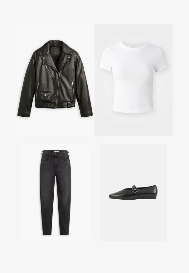 Sort læder motorcykeljakke med en cropped design, brede klapper, flere lynlåslommer og en subtil glans. Har et bælte i taljen.; Simpel hvid kortærmet cropped t-shirt med rund halsudskæring, præsenteret på en neutral lys baggrund.; Sorte højtaljede slim-fit jeans med for- og baglommer, knaplukning og bæltestropper, præsenteret på en hvid baggrund.; Sorte læder flade sko med spidse tæer, prydet med en metallisk spænde over vristen og en lav, fleksibel sål.