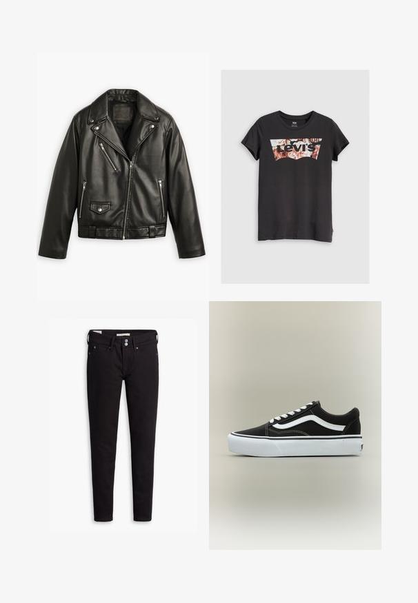 Schwarze Leder-Motorradjacke mit cropped Design, breiten Revers, mehreren Reißverschlusstaschen und einem subtilen Glanz. Mit einem Gürtel in der Taille.; Schwarzes T-Shirt mit kurzen Ärmeln und einem Levi's-Logo, das ein florales Muster in Tönen von Pink und Braun innerhalb des charakteristischen Designs zeigt.; Schwarze Denim-Jeans mit schmaler Passform, ausgestattet mit einem Knopfverschluss, fünf Taschen und dezenten Nahtdetails. Glatte Textur und strapazierfähiges Material.; Niedriger schwarzer Sneaker mit weißem Seitenstreifen, weißen Schnürsenkeln, weißer Gummisohle und strukturierter Zehenkappe auf neutralem Hintergrund.