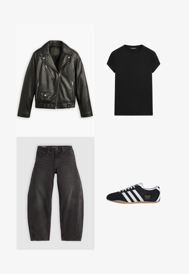 Schwarze Leder-Motorradjacke mit cropped Design, breiten Revers, mehreren Reißverschlusstaschen und einem subtilen Glanz. Mit einem Gürtel in der Taille.; Schwarzes T-Shirt mit kurzen Ärmeln und Rundhalsausschnitt, mit sichtbarem Markenlabel am Ausschnitt, mittig auf weißem Hintergrund.; Schwarze Denim-Jeans mit Relaxed Fit, ausgestattet mit fünf Taschen, einem Knopfverschluss und subtilen Verblassungen. Der Stoff hat eine glatte, robuste Textur.; Schwarze Wildledersneaker mit drei weißen Streifen, goldenem Logo und brauner Gummisohle. Merkmale ein niedrigprofiliertes Schnürdesign.