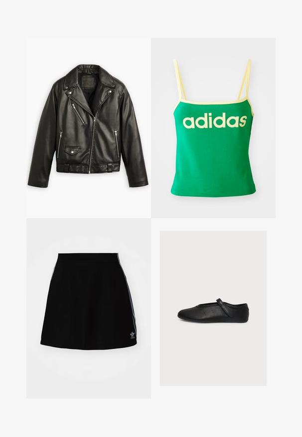 Schwarze Leder-Motorradjacke mit cropped Design, breiten Revers, mehreren Reißverschlusstaschen und einem subtilen Glanz. Mit einem Gürtel in der Taille.; Grünes Tanktop mit gelben Akzenten, aus dehnbarem Material. Lieferumfang: großes gelbes "adidas"-Logo auf der Vorderseite und dünne Träger.; Schwarzer Sportrock mit einem schwingenden Design, ausgestattet mit weißen Seitestreifen und einem gestickten Logo am Saum. Hergestellt aus glattem, dehnbarem Material.; Schwarzer Mary Jane Lederschuh mit Riemen und kleinen perforierten Details an der Seite, von der Außenseite auf weißem Hintergrund gezeigt.