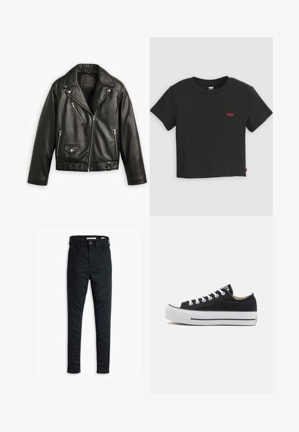 Sort læder motorcykeljakke med en cropped design, brede klapper, flere lynlåslommer og en subtil glans. Har et bælte i taljen.; Sort Levi's cropped t-shirt med korte ærmer, rund halsudskæring og lille rødt Levi's-logo på venstre bryst.; Sorte slim-fit jeans med frontknap og lynlås, bælteløkker samt for- og baglommer, præsenteret på en hvid baggrund.; Sorte lærred lavtop sneakers med hvid gummitå, snørebånd og sål. Har en struktureret sål og sorte accenter. Klassisk design.