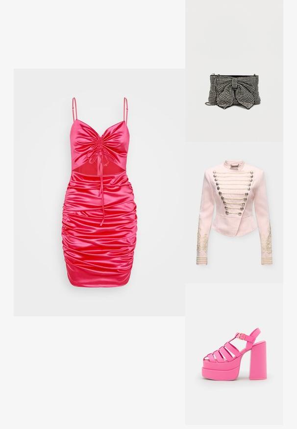 Lyserosa tettsittende jakke med sølvknapper, flettede snorer foran og intrikat blonderbroderi på ermene.; WAL G. ELLE CUT OUT MINI - Cocktailkjole - fuchsia; Steve Madden CARLITA - Sandaler med høye hæler - pink; Svart clutchveske med en stor sløyfe, prydet med sølvnagler, med en kjedehengsler og en teksturert overflate som fanger lyset.