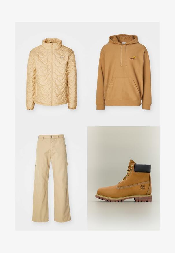 Chaqueta acolchada de color beige claro con cuello alto, cremallera completa y patrón circular. Presenta un pequeño logo en el pecho y puños de manga abotonados.; Sudadera con capucha marrón hecha de un tejido suave, con un bolsillo frontal tipo canguro y logo bordado en el pecho. Diseño simple, puños acanalados.; Pantalones cargo de pierna ancha en color beige con cierre de botón, que cuentan con bolsillos laterales, fabricados en resistente tejido de algodón, con textura suave y diseño de corte recto.; Bota de tobillo de cuero marrón con cuello negro, cordones amarillos y suela beige. Presenta un logotipo y detalles de costura blanca. Suela exterior con tracción robusta.
