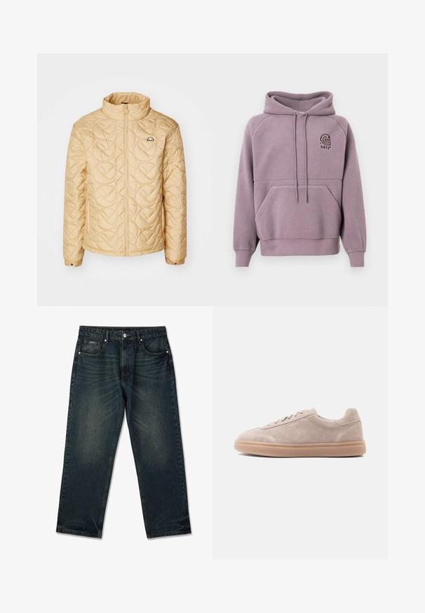 Vaaleanbeige tikattu takki, jossa on korkea kaulus, täysipitkä vetoketju ja pyöreä kuvio. Takissa on pieni logo rinnassa ja napilliset hihansuut.; Lila fleece huppari, jossa on etupocketti ja nyöritettävä huppu. Siinä on pieni brodeerattu logo rinnassa. Pehmeä, teksturoitu kangas.; Suorat jalat, tummansiniset farkut, joissa on nappi- ja vetoketjusuljenta, etutaskut ja hienovarainen haalistettu yksityiskohta.; Beige mokkanahkainen matalakärkinen tennari, jossa nyöritys ja kumipohja, vasemman sivuprofiilinäkymä vaalealla taustalla.