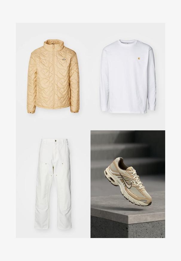 Chaqueta acolchada de color beige claro con cuello alto, cremallera completa y patrón circular. Presenta un pequeño logo en el pecho y puños de manga abotonados.; Camiseta de manga larga blanca de algodón. Cuenta con un pequeño logo dorado en el pecho y un cuello redondo. Diseño simple y corte estándar.; Pantalones cargo de algodón blancos con un corte relajado. Las características incluyen bolsillos frontales, detalles en dorado y secciones de rodilla reforzadas.; Zapatilla de running Nike beige y blanca con paneles de malla y el swoosh negro, flotando sobre un borde de hormigón con escaleras desenfocadas al fondo.